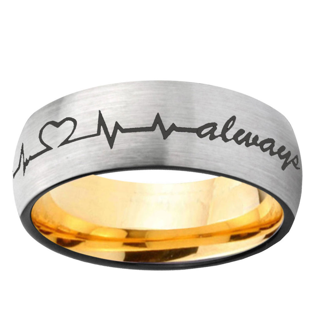 Heart Beat forever Heart always Dome Silver Gold Tungsten Ring