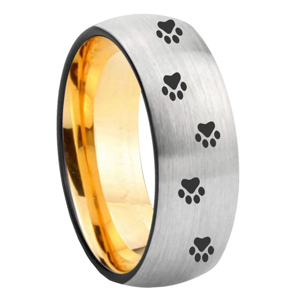 8mm Paw Print Dome Silver Gold Tungsten Anniversary Ring