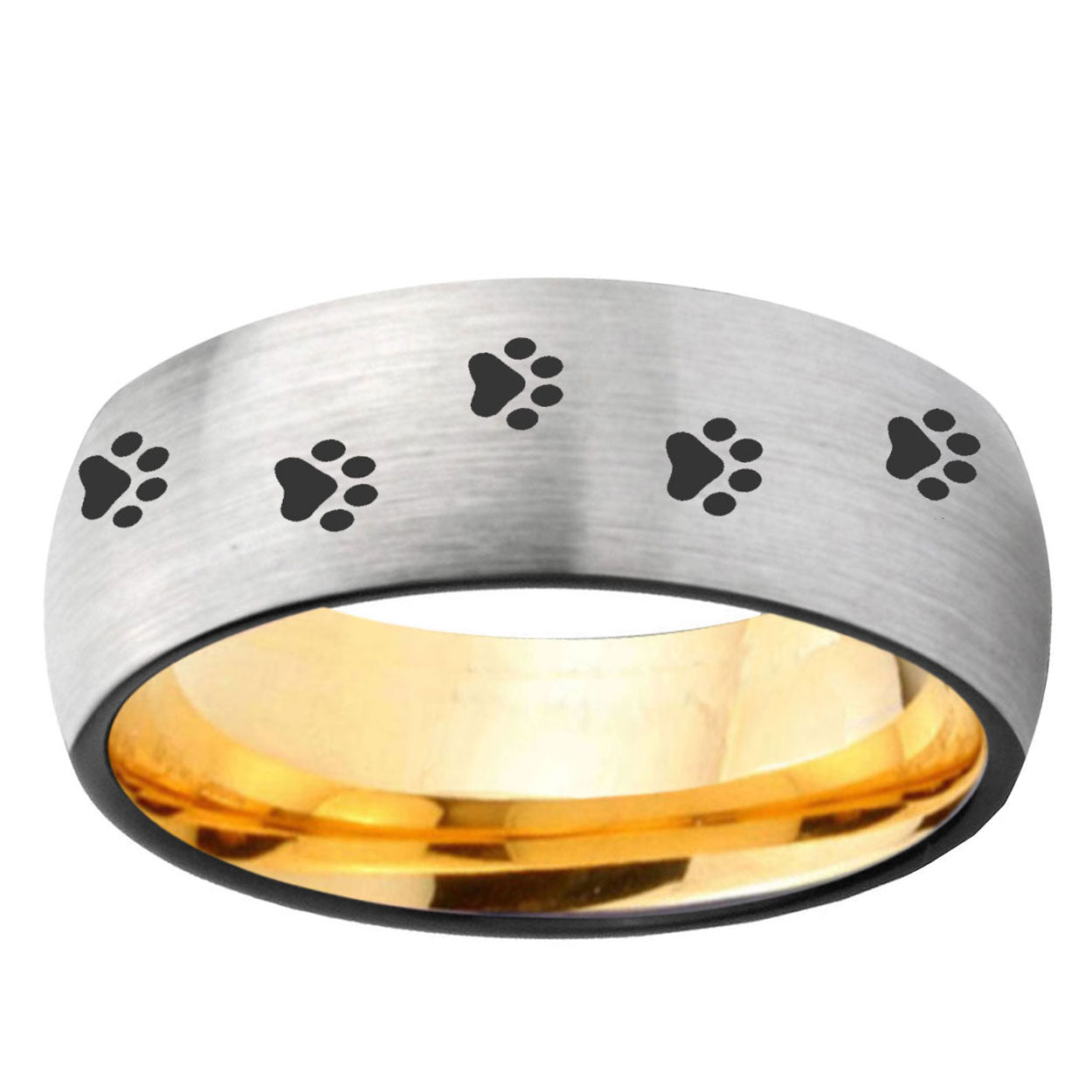 Paw Print Dome Silver Gold Tungsten Anniversary Ring