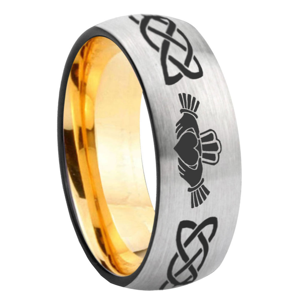 8mm Irish Claddagh Dome Silver Gold Tungsten Anniversary Ring