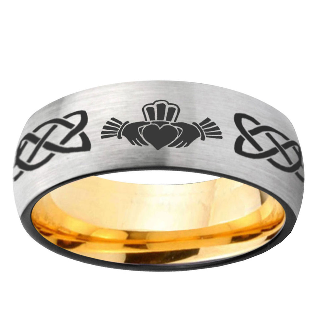 Irish Claddagh Dome Silver Gold Tungsten Anniversary Ring