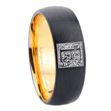 8mm-Dome-Black-and-Gold-Tungsten-Floral-Initial-Letter-E,-Monogram-Engraved-Ring