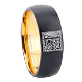 8mm-Dome-Black-and-Gold-Tungsten-Floral-Initial-Letter-F,-Monogram-Engraved-Ring