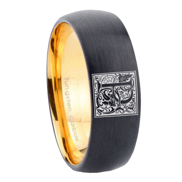 8mm-Dome-Black-and-Gold-Tungsten-Floral-Initial-Letter-P,-Monogram-Engraved-Ring