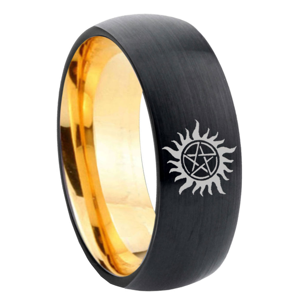 8mm Supernatural Dome Gold Black Mens Thick Wedding Bands