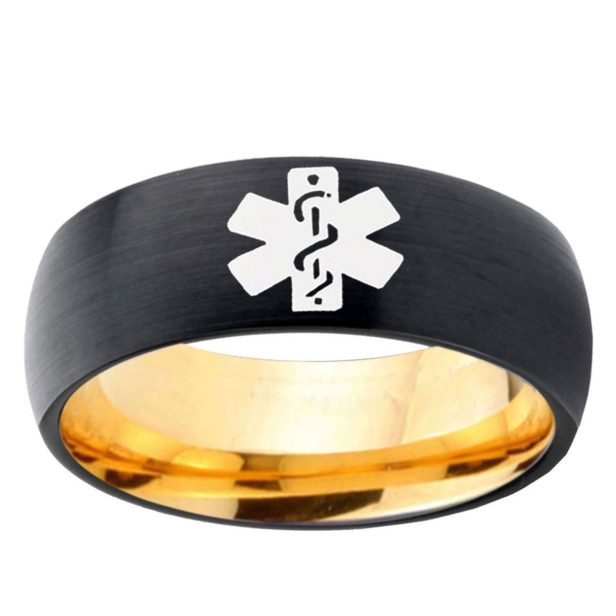 Medical Alert Dome Black Gold Tungsten Carbide Wedding Ring