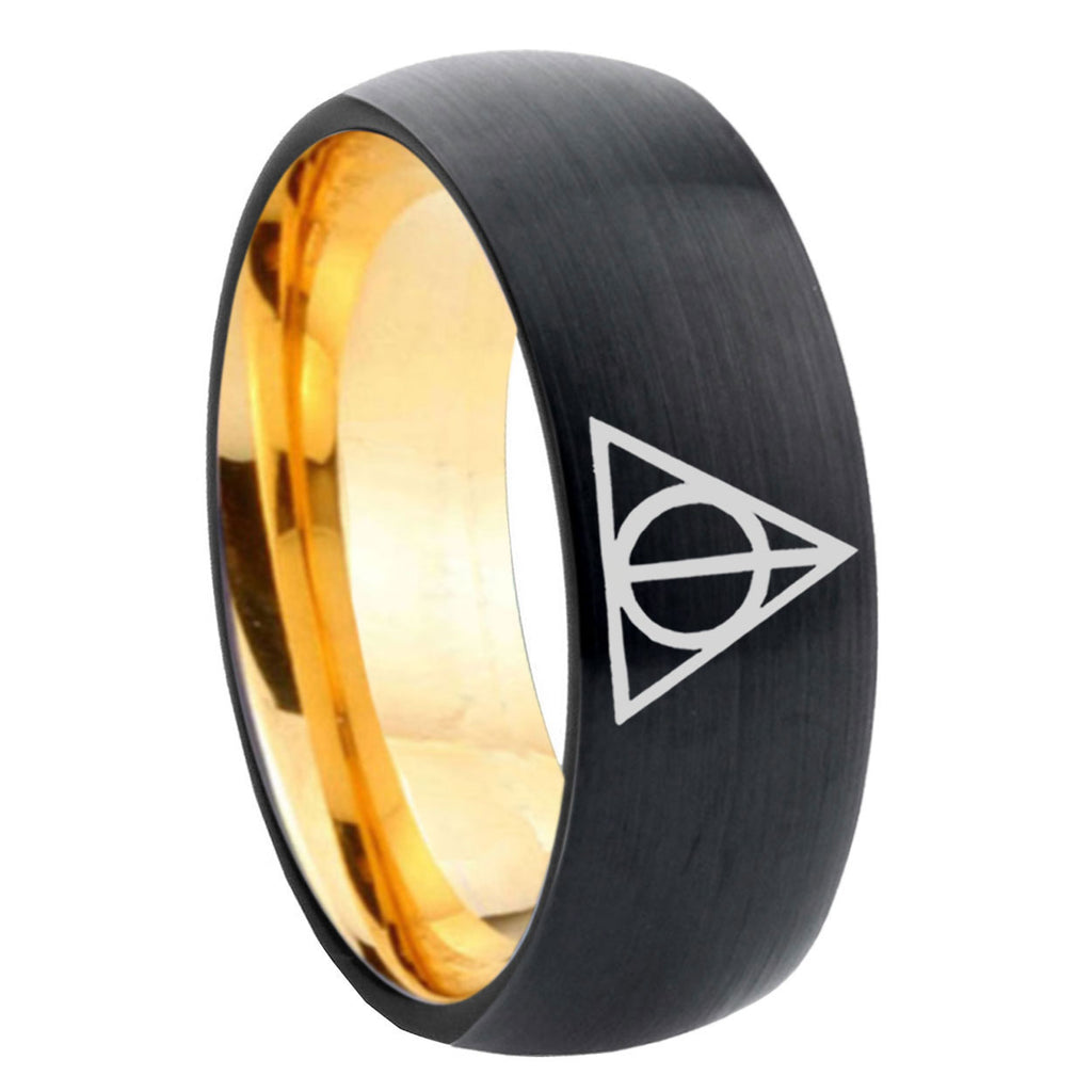 8mm Deathly Hallows Dome Black Gold Tungsten Wedding Ring
