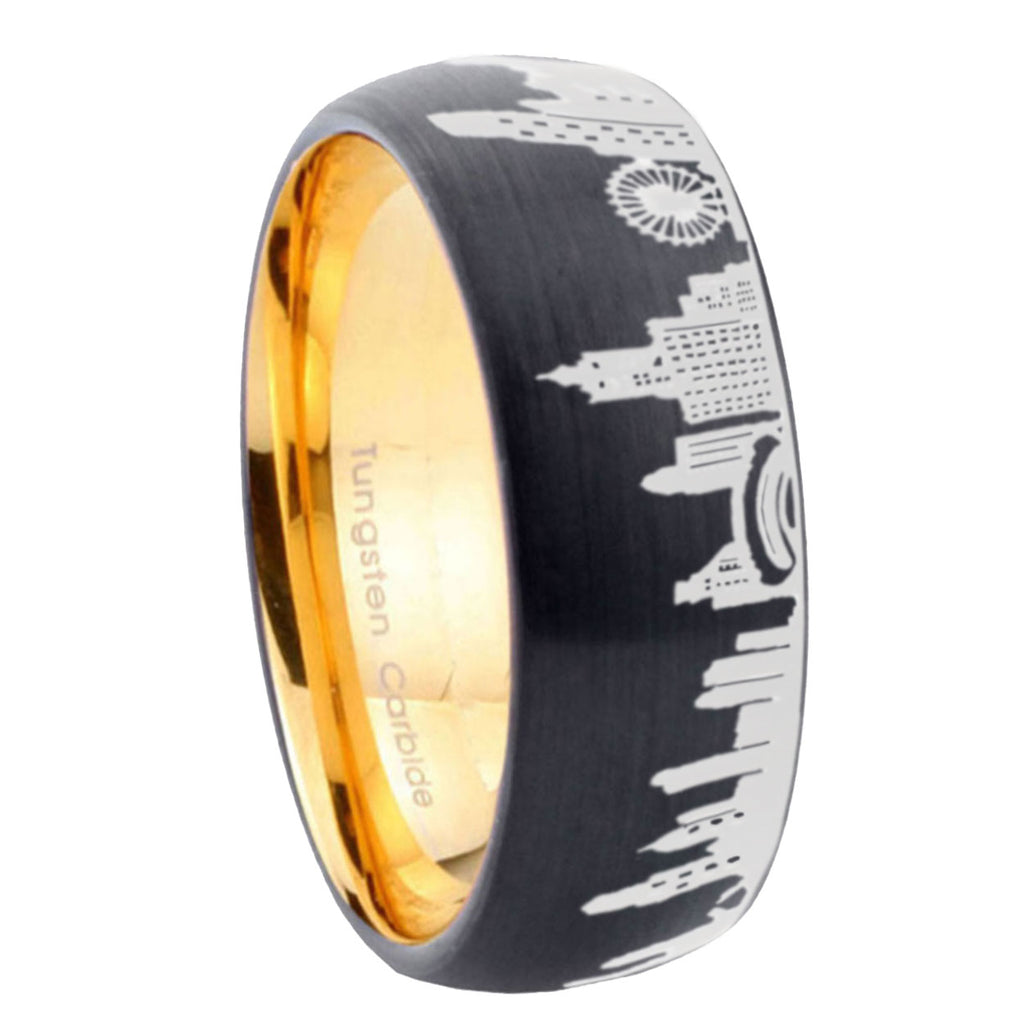 Chicago City Dome Brushed Black Tungsten Gold Plated Ring