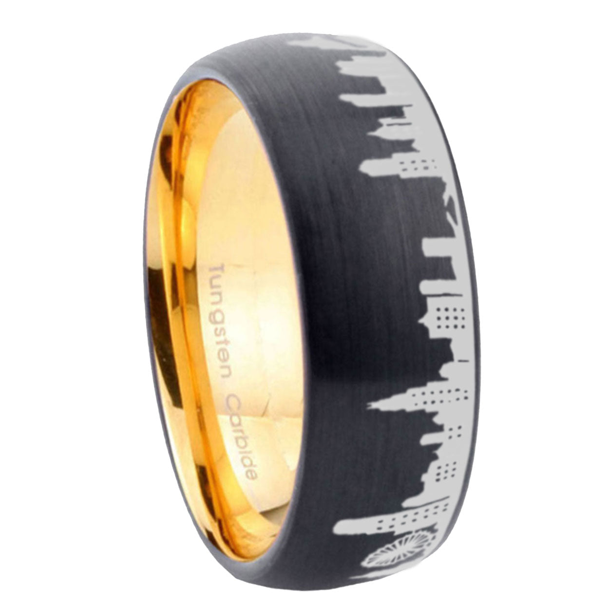 8MM Chicago City Dome Brushed Black Tungsten Gold Plated Ring