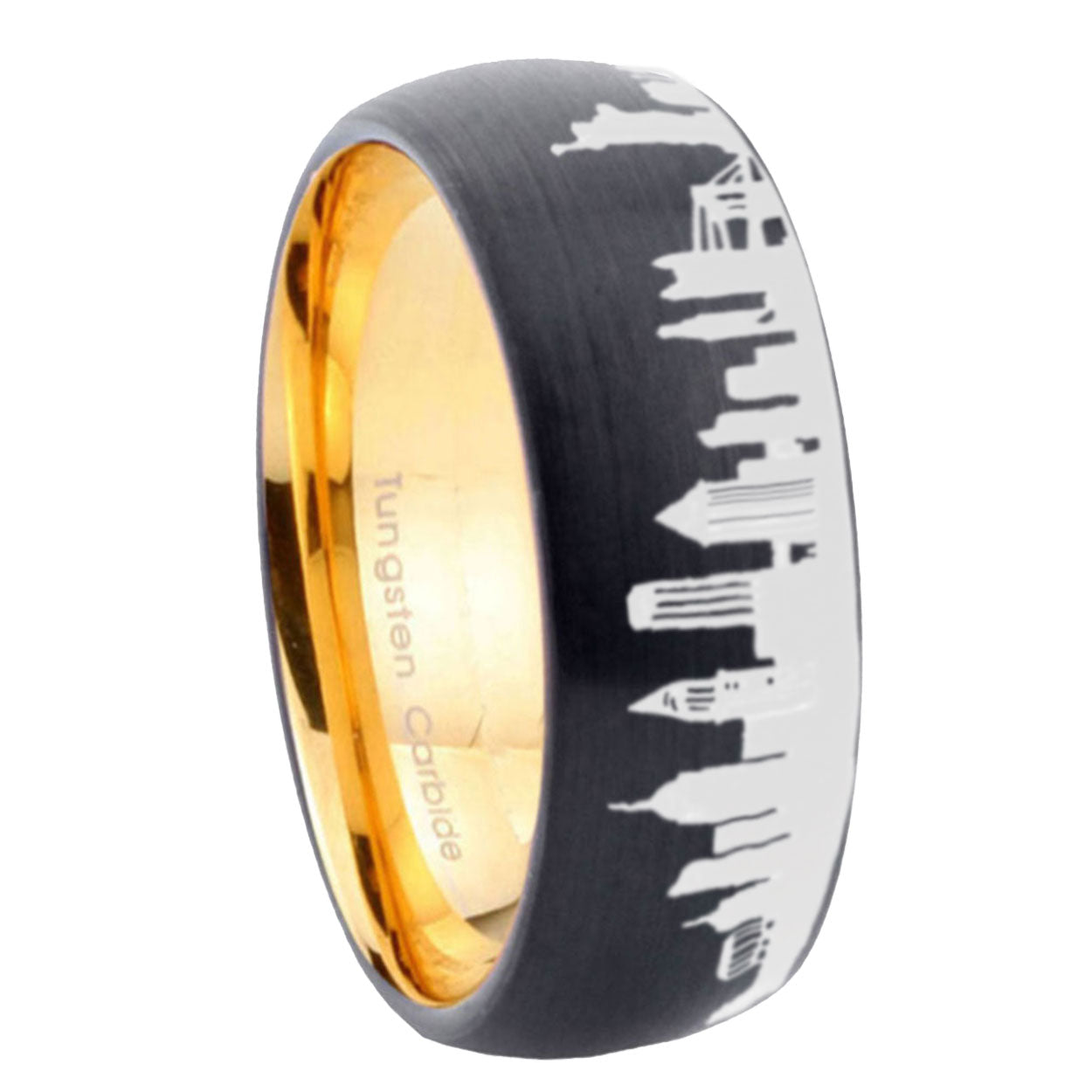 NY New York City Dome Brushed Black Tungsten Gold Custom Ring