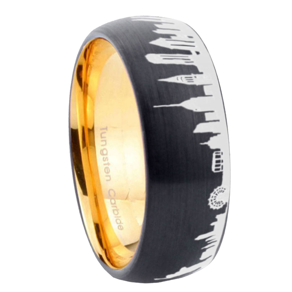 8MM NY New York City Dome Brushed Black Tungsten Gold Custom Ring