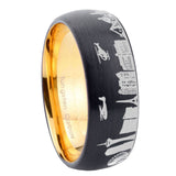 8mm LA Las Vegas City Dome Brushed Black Tungsten Gold Plated Inside Engraved Ring