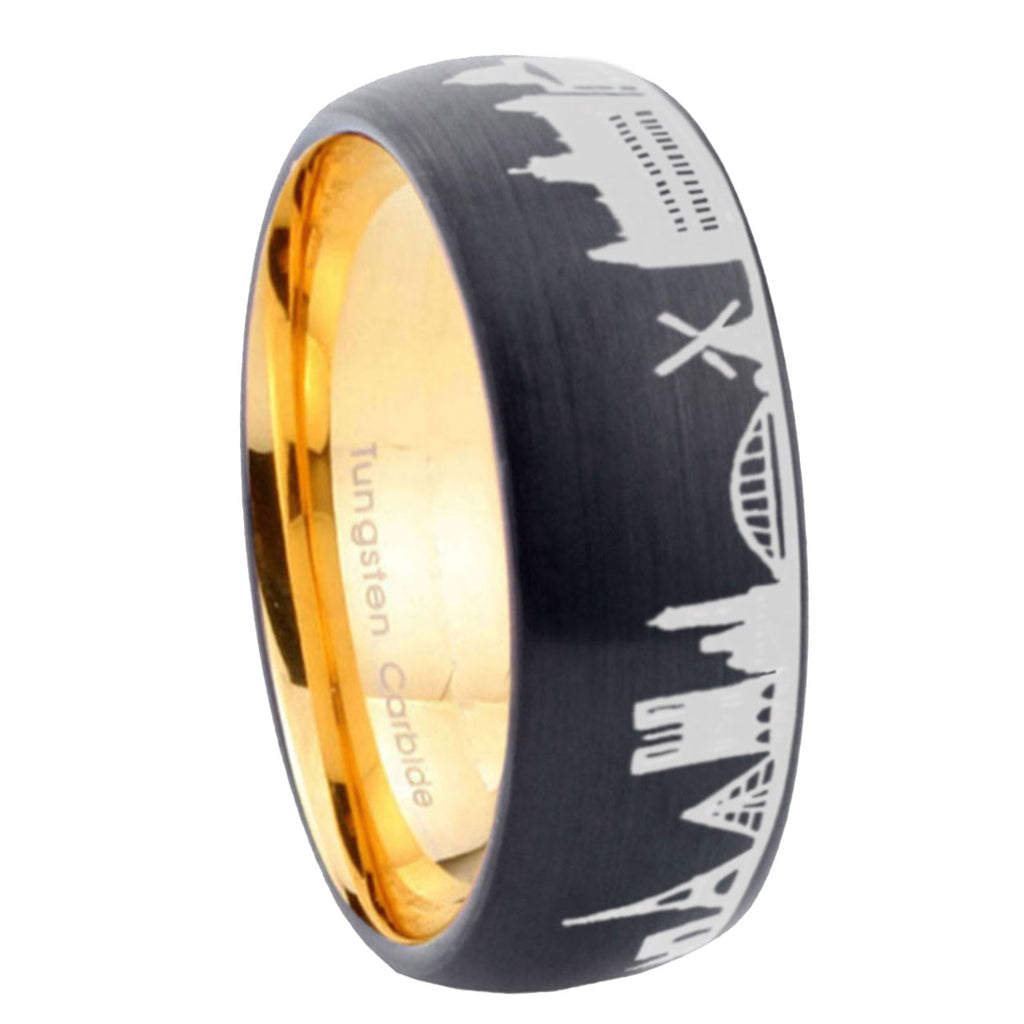 France Paris City Dome Brushed Black Tungsten Gold Custom Ring