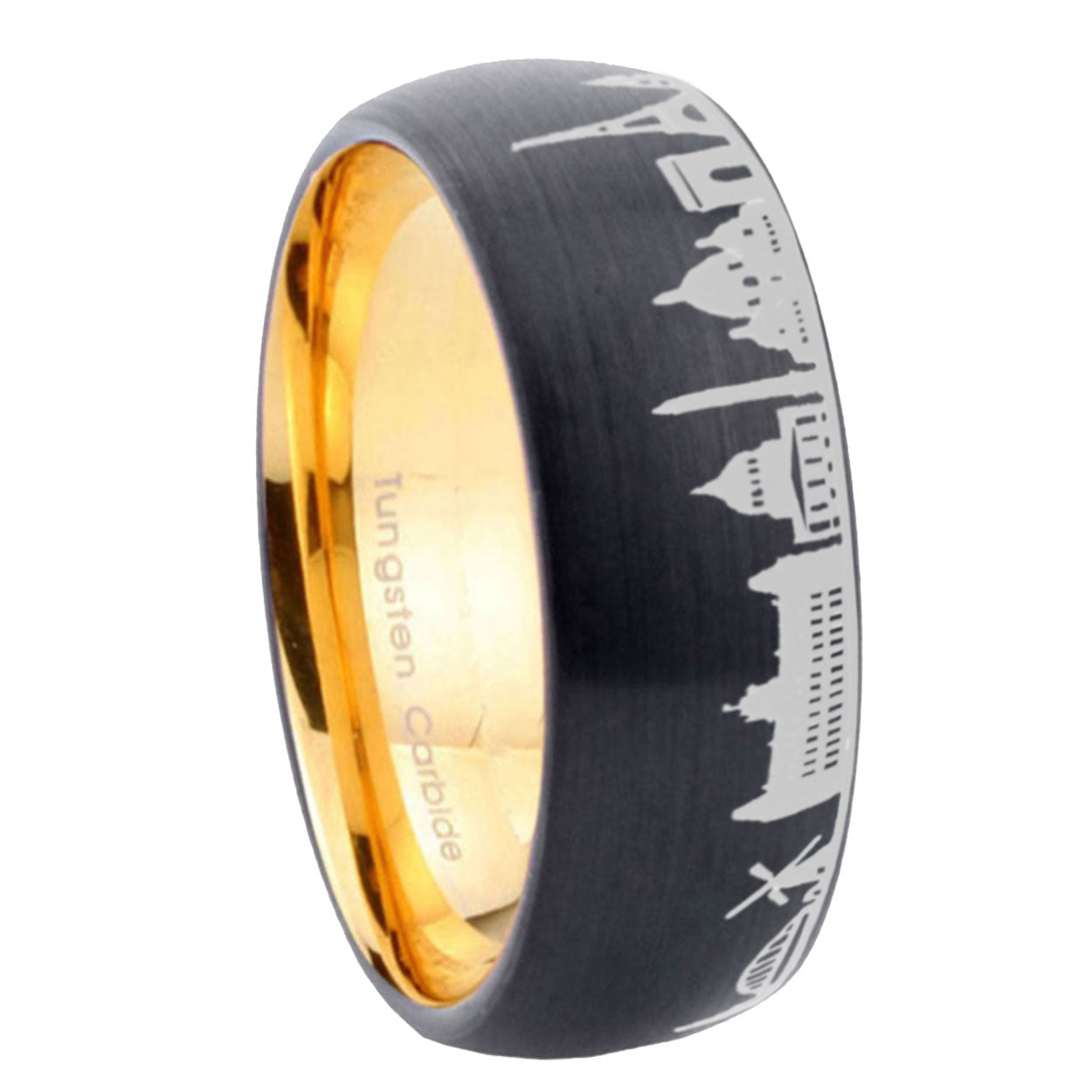 8MM France Paris City Dome Brushed Black Tungsten Gold Custom Ring