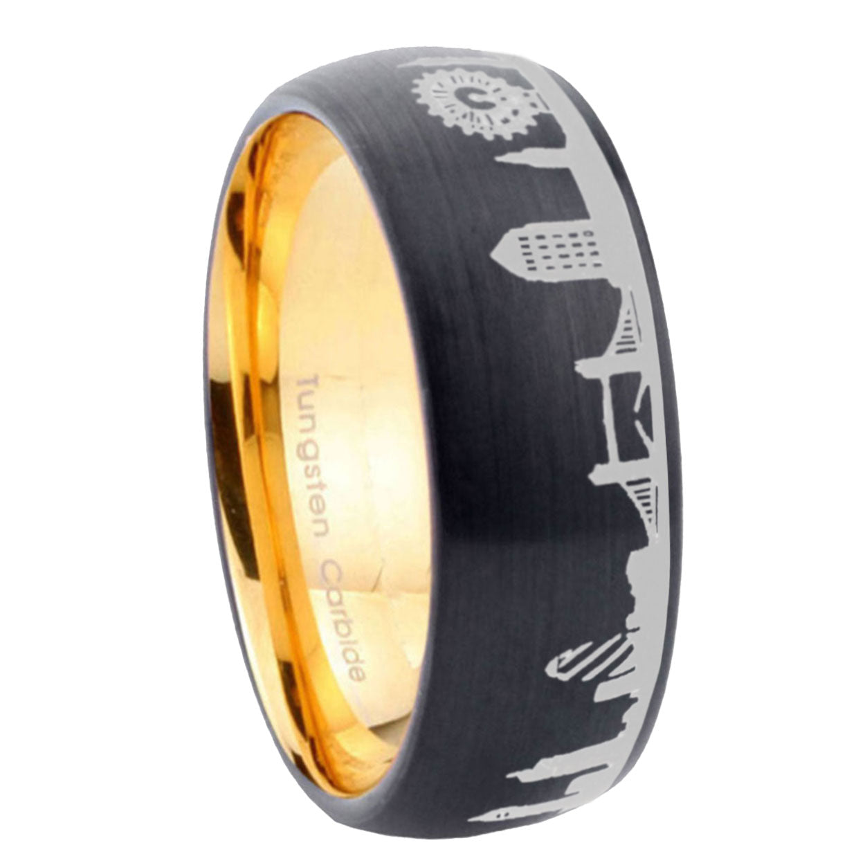 8MM UK London City Dome Brushed Black Tungsten Gold Custom Ring