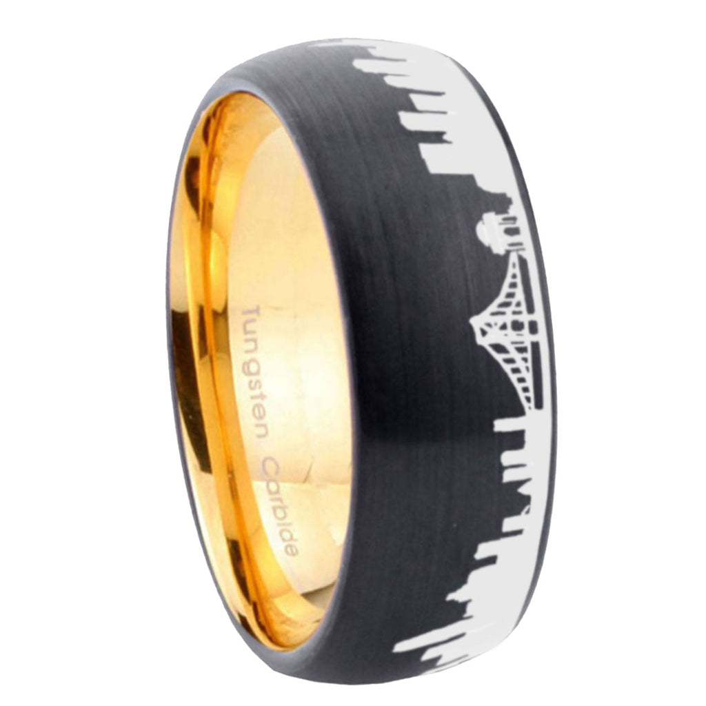 CA San Francisco City Dome Brushed Black Tungsten Gold Ring