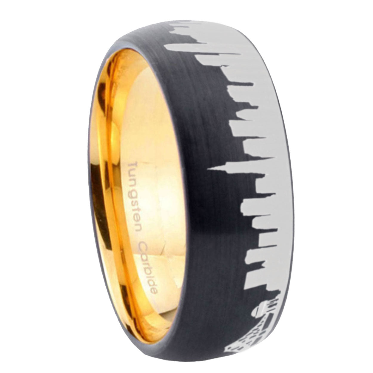 8MM CA San Francisco City Dome Brushed Black Tungsten Gold Ring