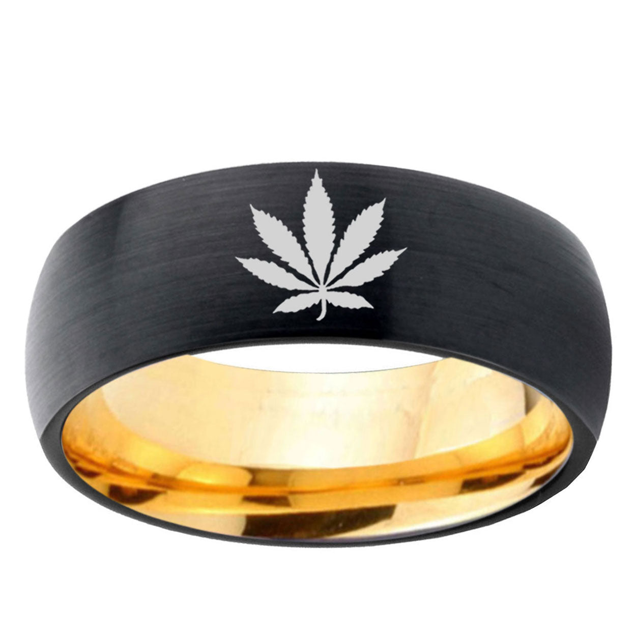 Marijuana Leaf Dome Black Gold Tungsten Wedding Ring