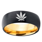 8mm Marijuana Leaf Dome Black Gold Tungsten Carbide Wedding Ring