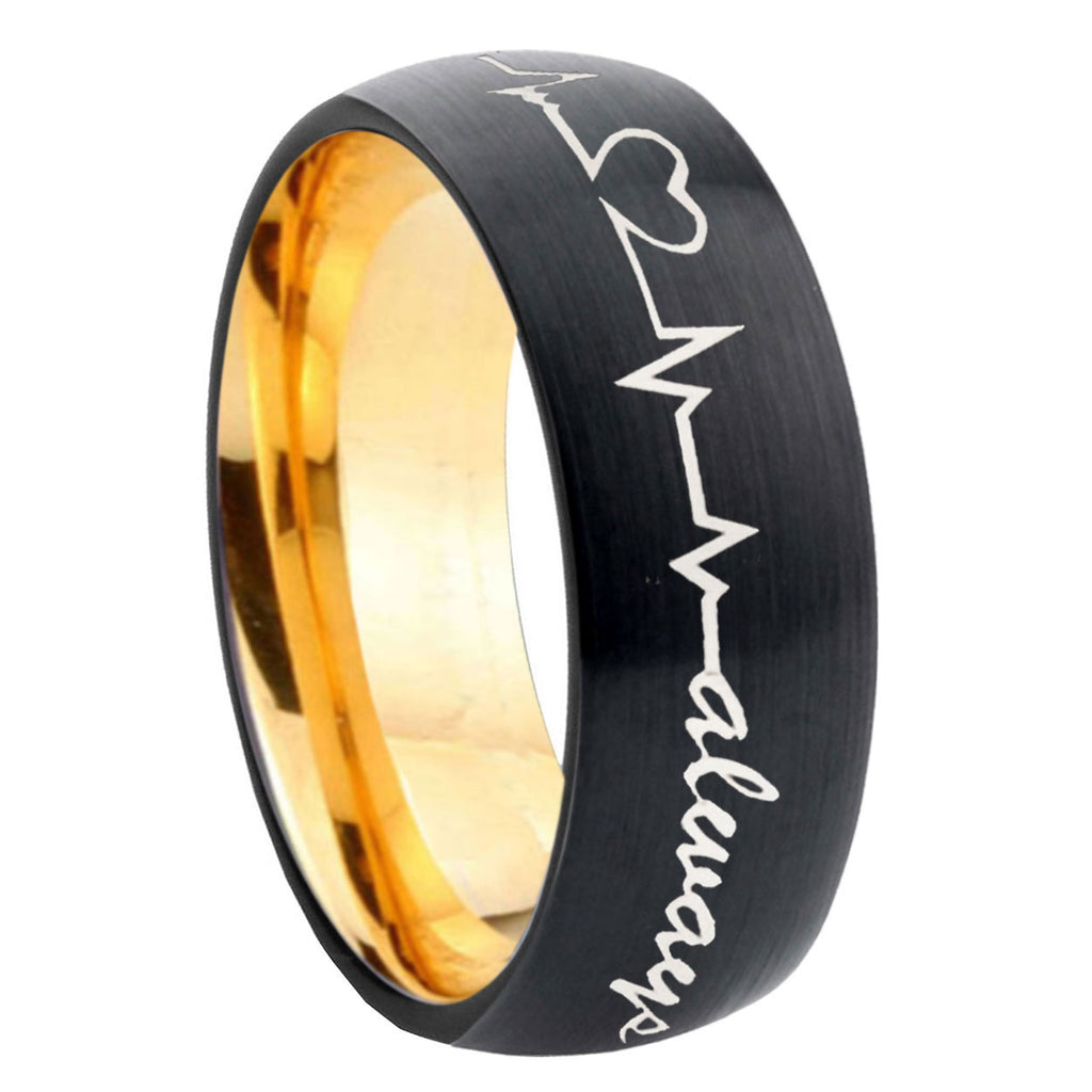 8mm Heart Beat forever Heart always Dome Black Gold Tungsten Ring