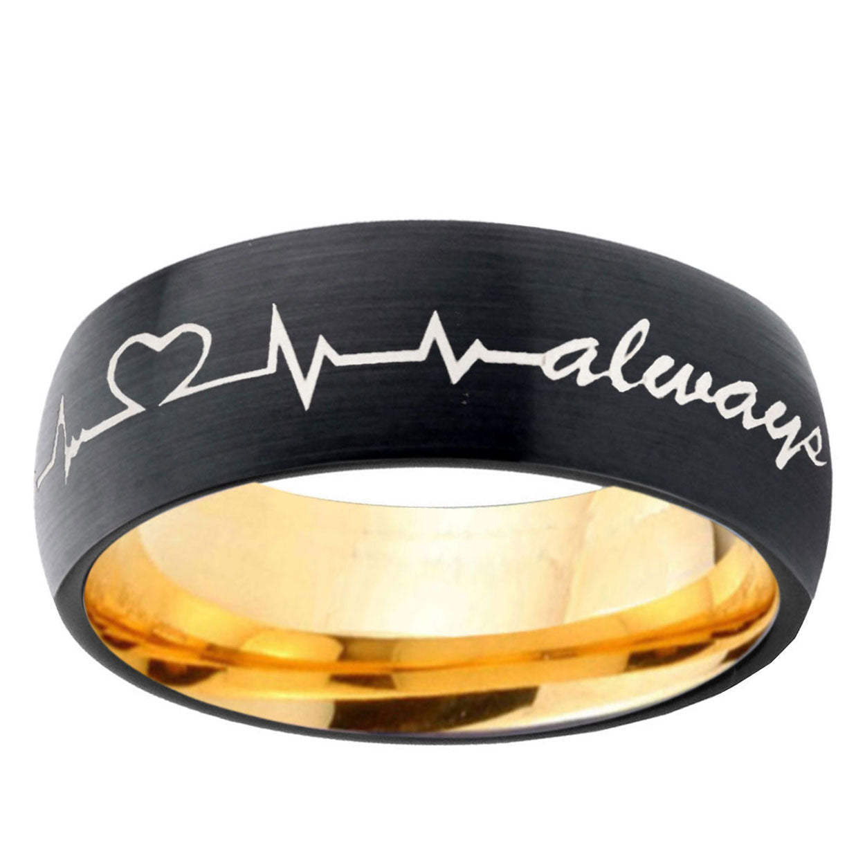 Heart Beat forever Heart always Dome Black Gold Tungsten Ring