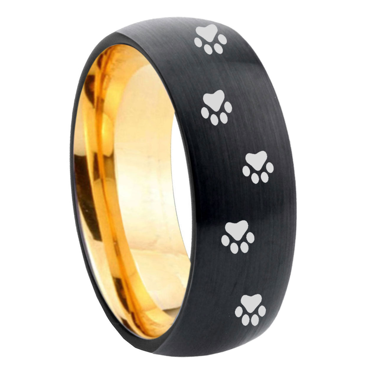 8mm Paw Print Dome Black Gold Tungsten Carbide Wedding Ring