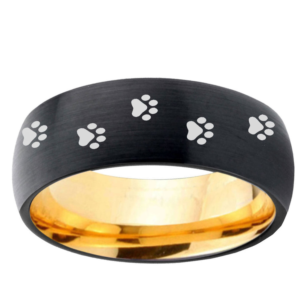 Paw Print Dome Black Gold Tungsten Carbide Wedding Ring