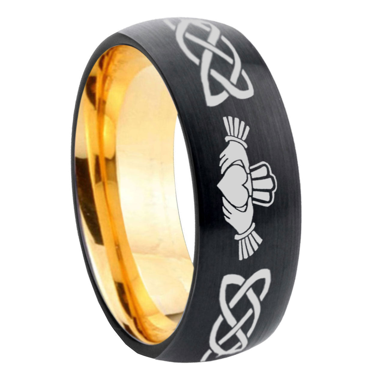 8mm Irish Claddagh Dome Black Gold Tungsten Wedding Ring