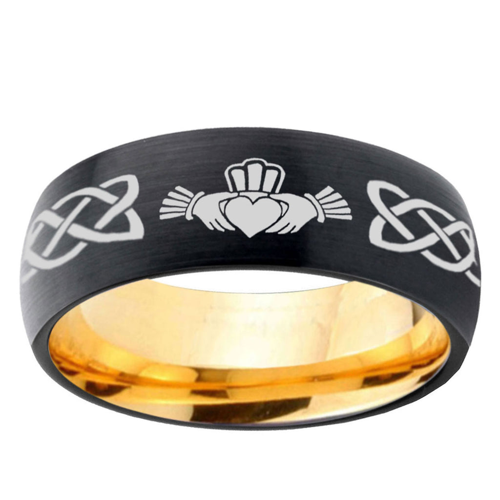 Irish Claddagh Dome Black Gold Tungsten Wedding Ring
