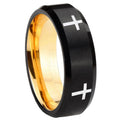 8mm Crosses Beveled Edge Black And Gold Tungsten Custom Ring