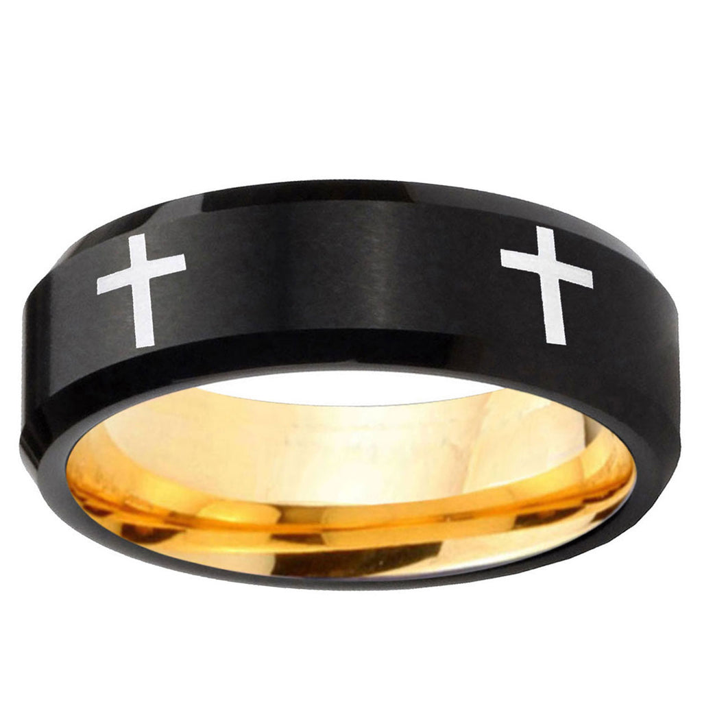 Crosses Beveled Edge Black And Gold Tungsten Custom Ring