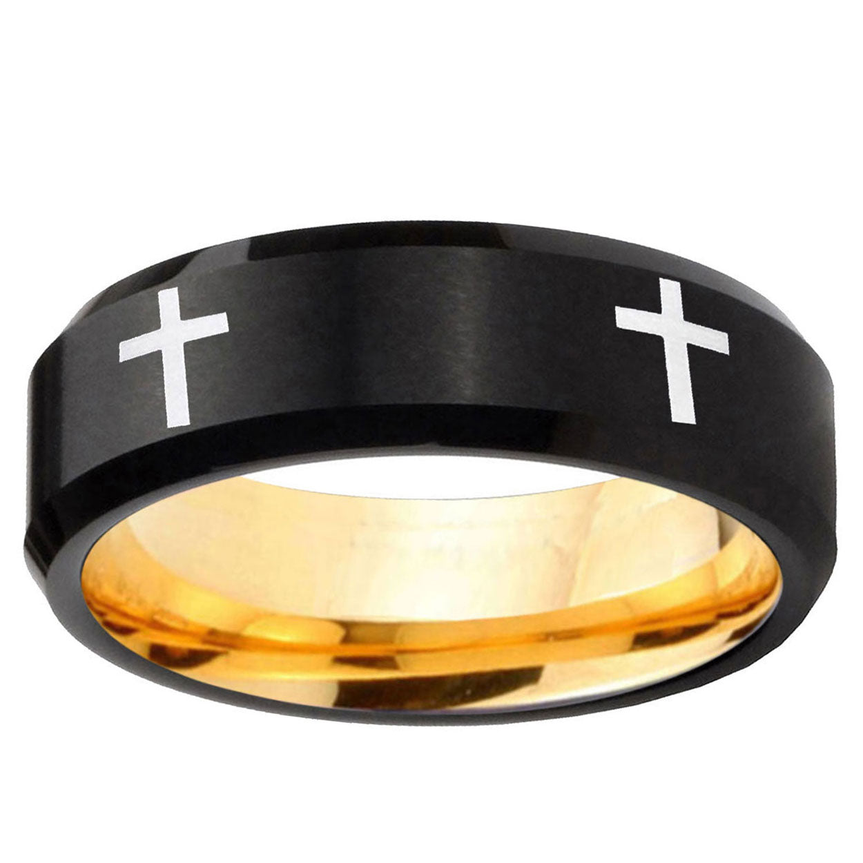 Crosses Beveled Edge Black And Gold Tungsten Custom Ring