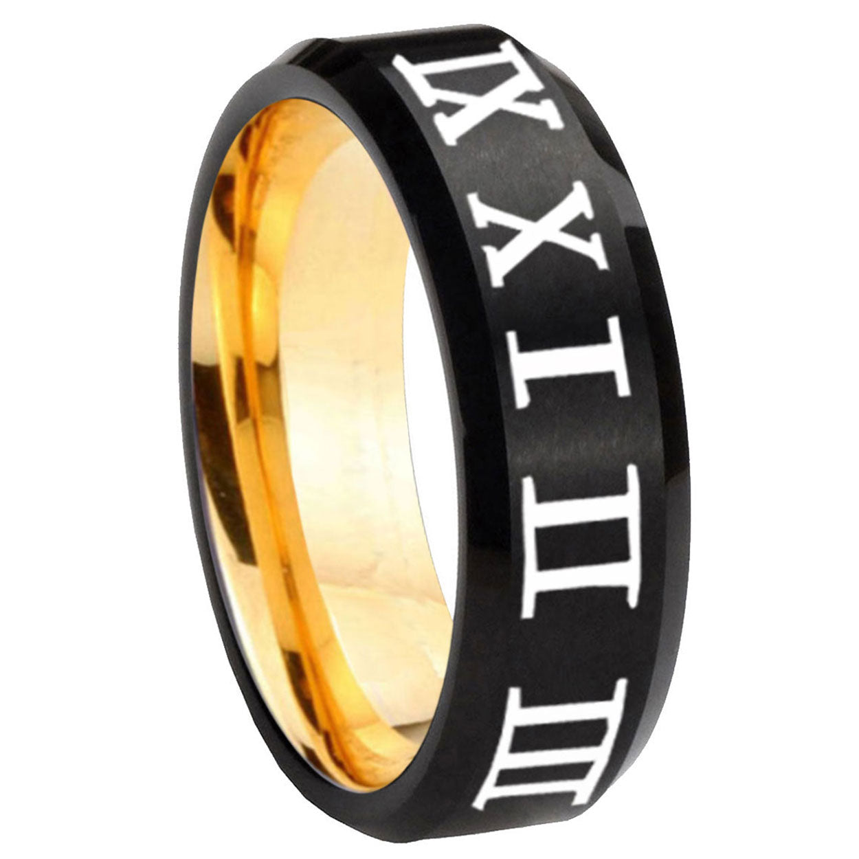 8mm Roman Numeral Beveled Edge Black Gold Tungsten Ring for Men