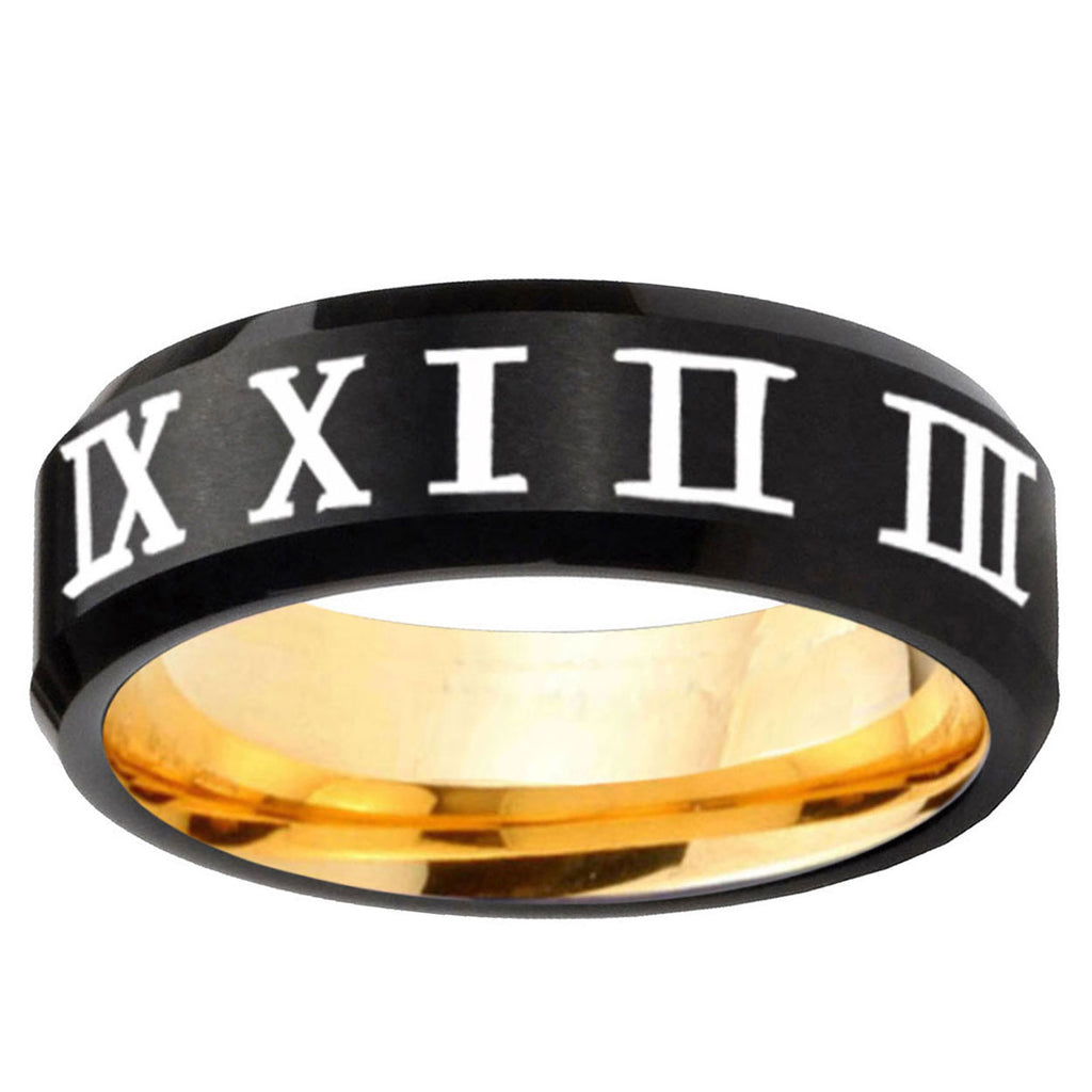 Roman Numeral Beveled Edge Black Gold Tungsten Ring for Men