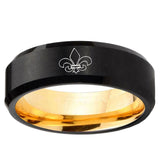 Fleur-De-Lis Beveled Edge Black And Gold Tungsten Carbide Engraved Ring