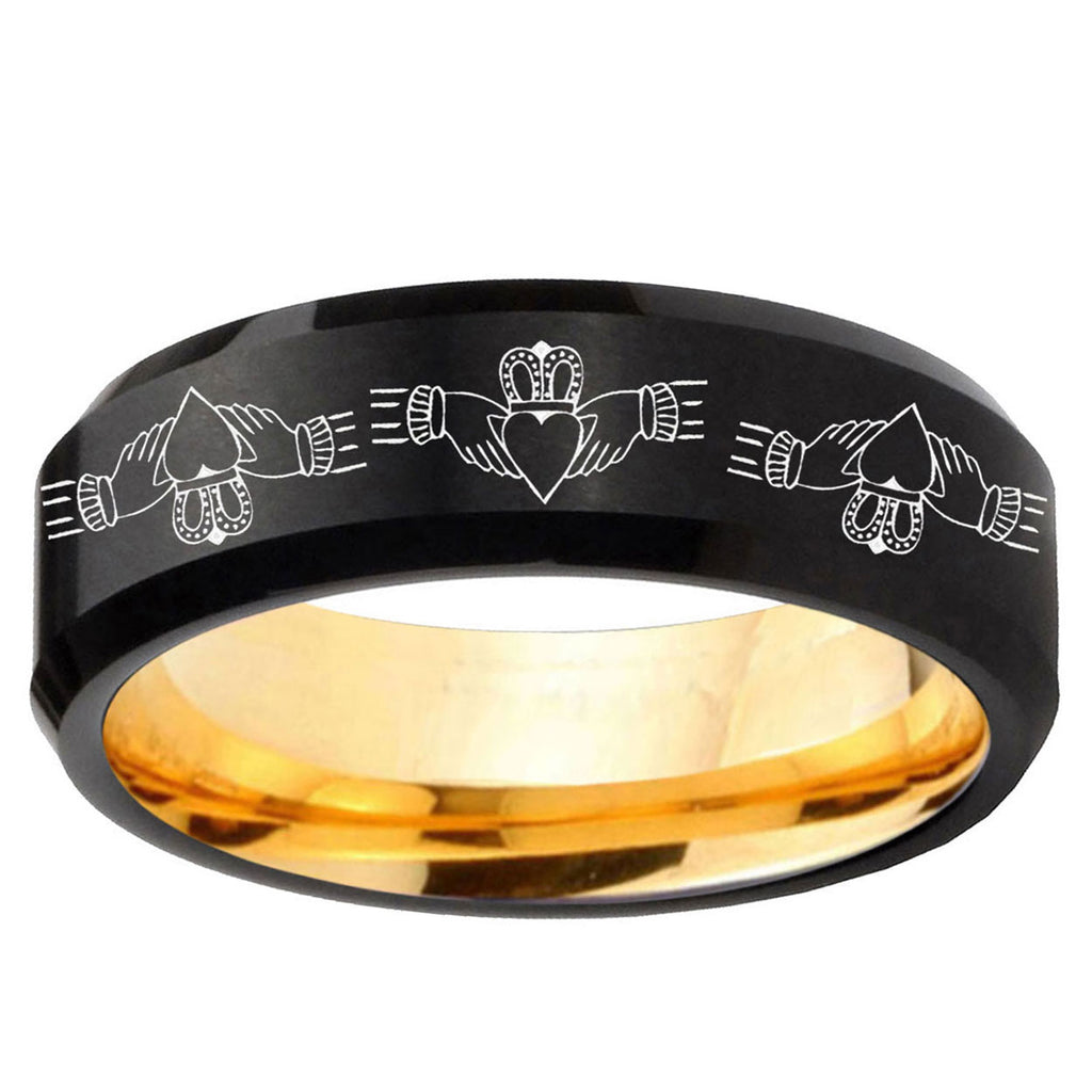 Irish Claddagh Beveled Edge Black Gold Tungsten Ring