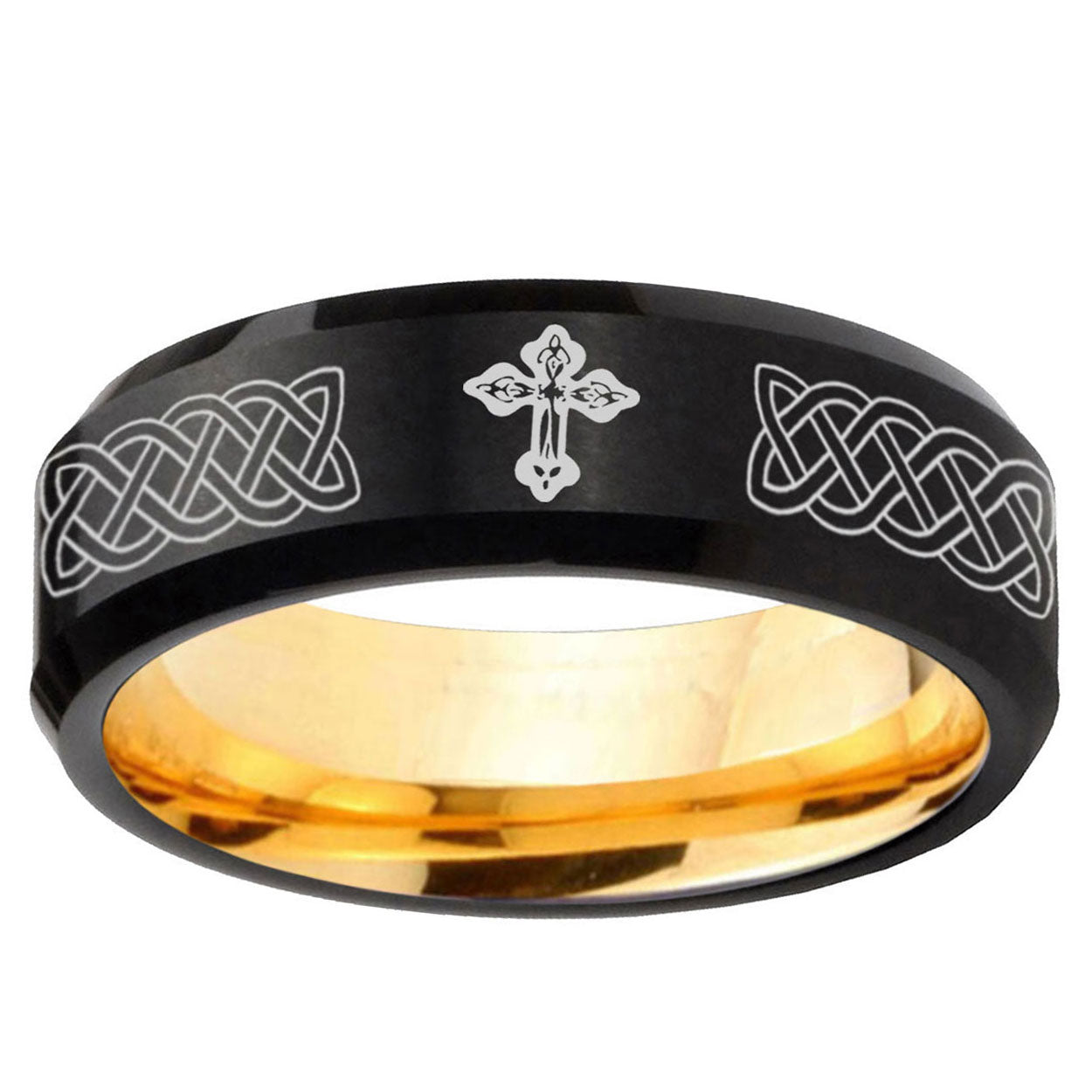 Celtic Cross Beveled Edge Black Gold Tungsten Engraved Ring