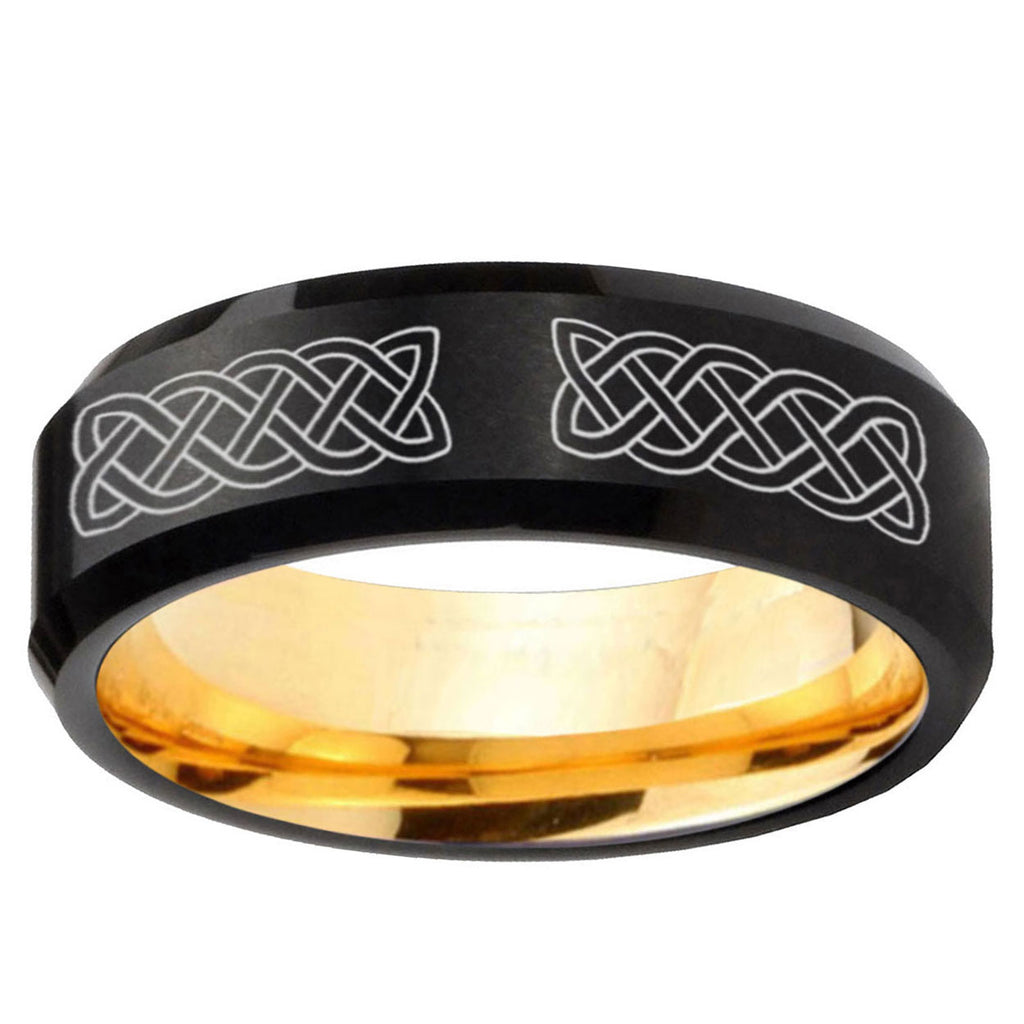 Celtic Knot Beveled Edge Black Gold Tungsten Ring