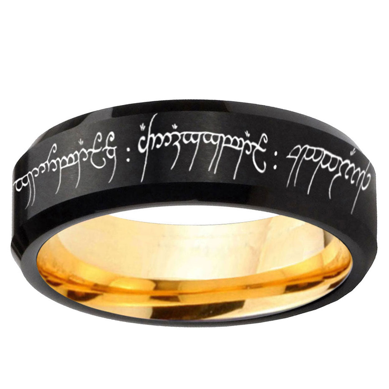 Lord Of The Ring Beveled Edge Gold Black Ring Tungsten