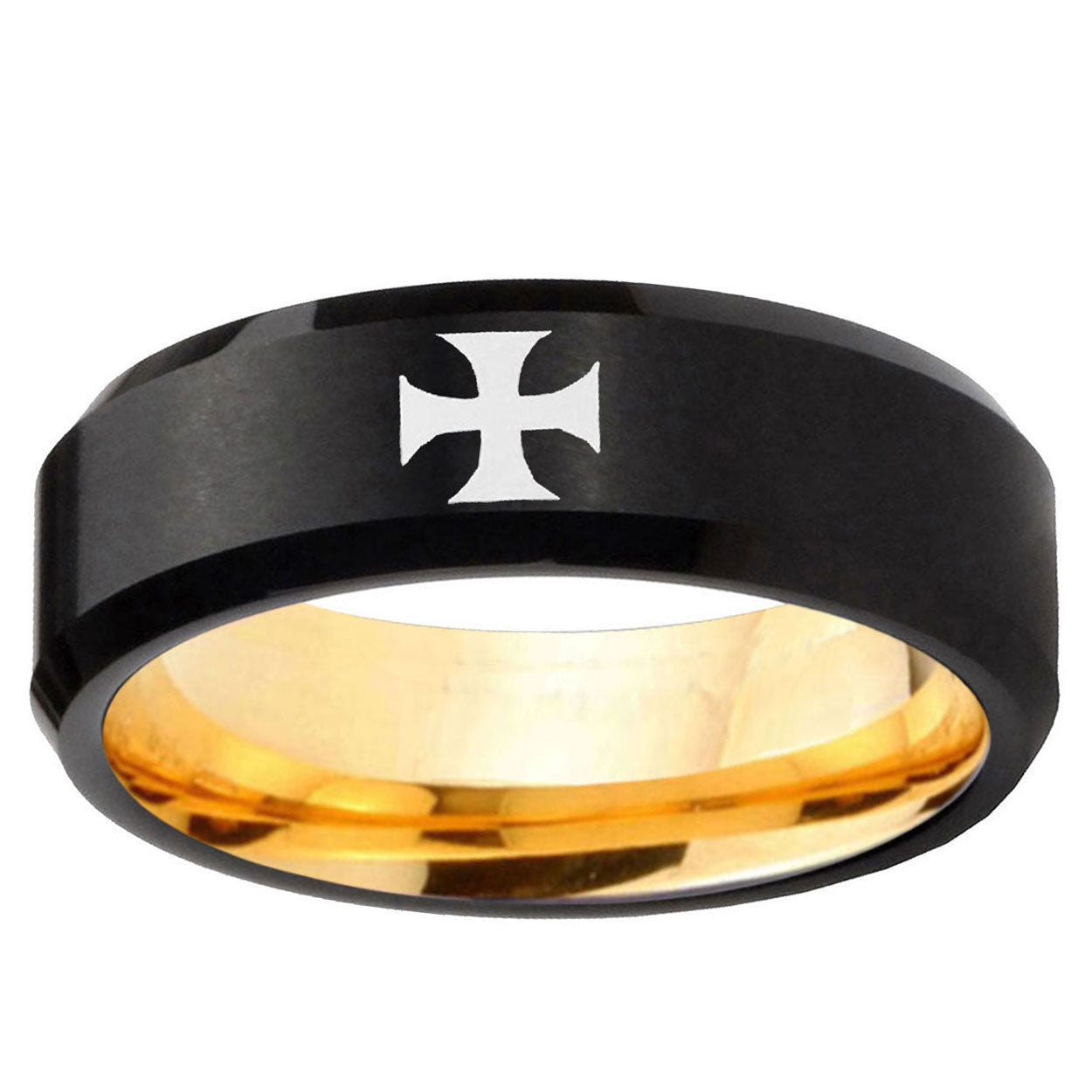 Maltese Cross Beveled Edge Black And Gold Tungsten Ring