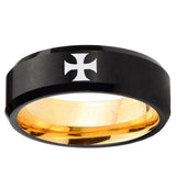 Maltese Cross Beveled Edge Black And Gold Tungsten Carbide Men's Ring