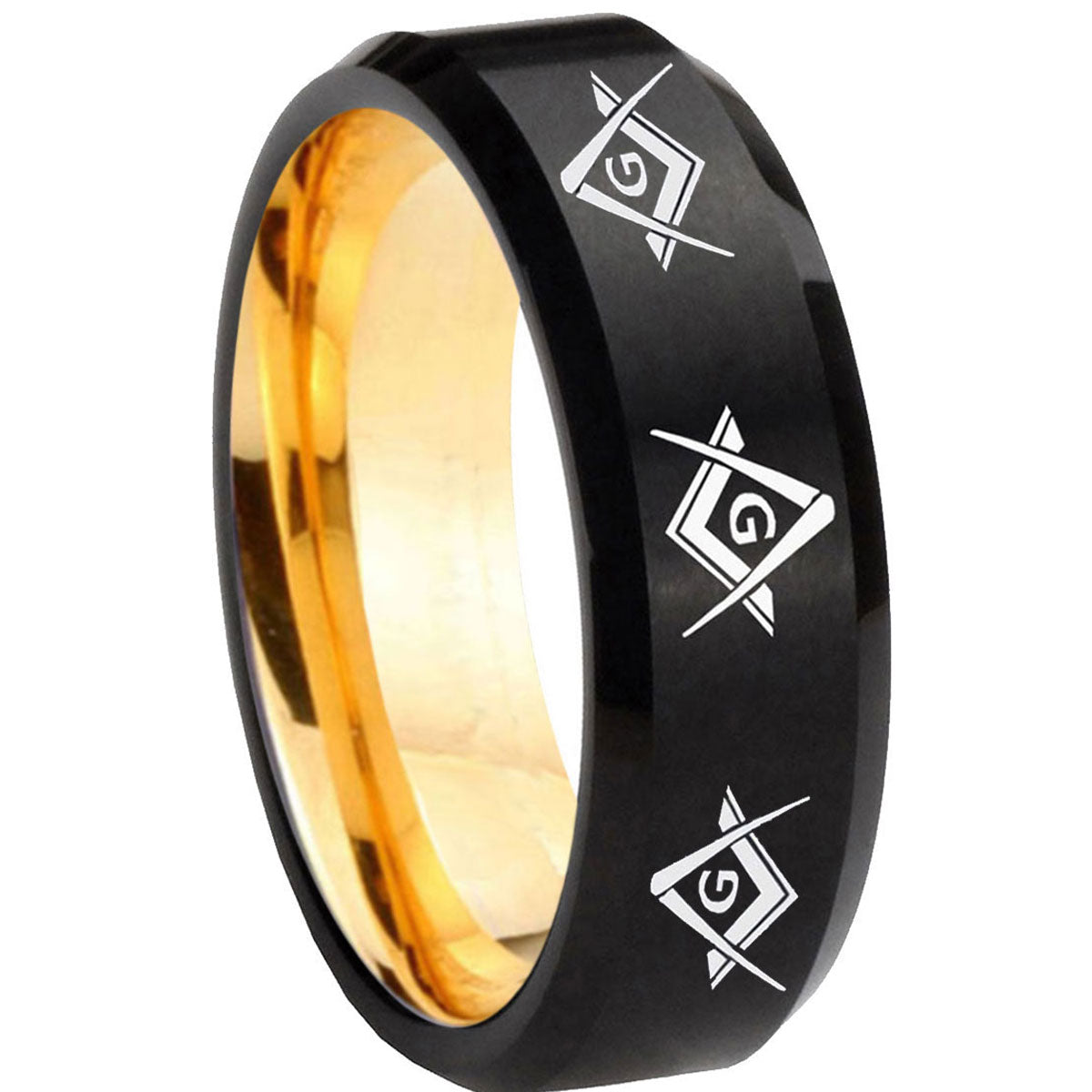 8mm Master Mason Masonic Beveled Edge Black Gold Tungsten Band