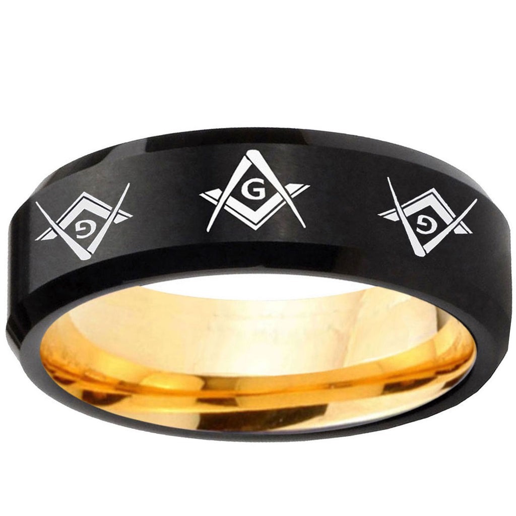Master Mason Masonic Beveled Edge Black Gold Tungsten Band
