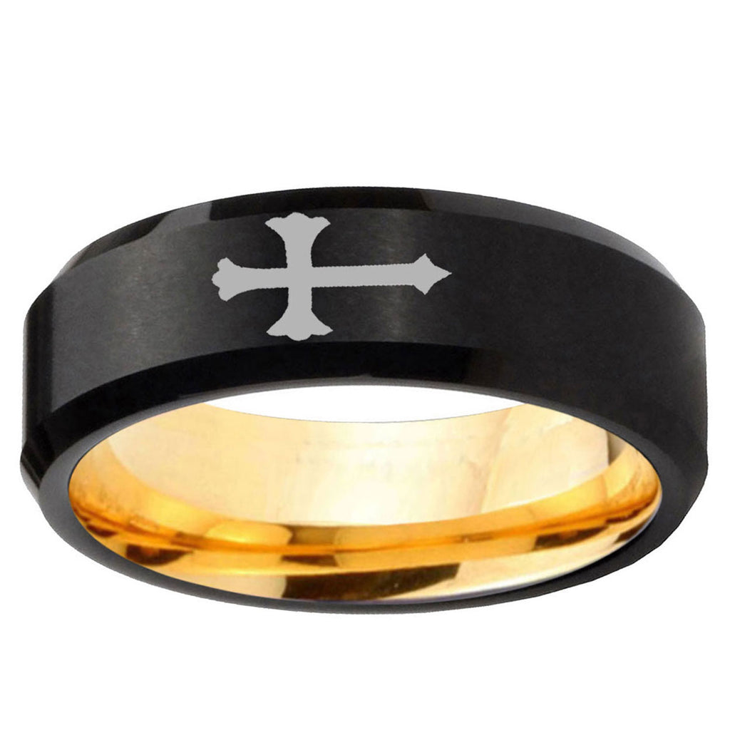Christian Cross Beveled Edge Black Gold Tungsten Ring