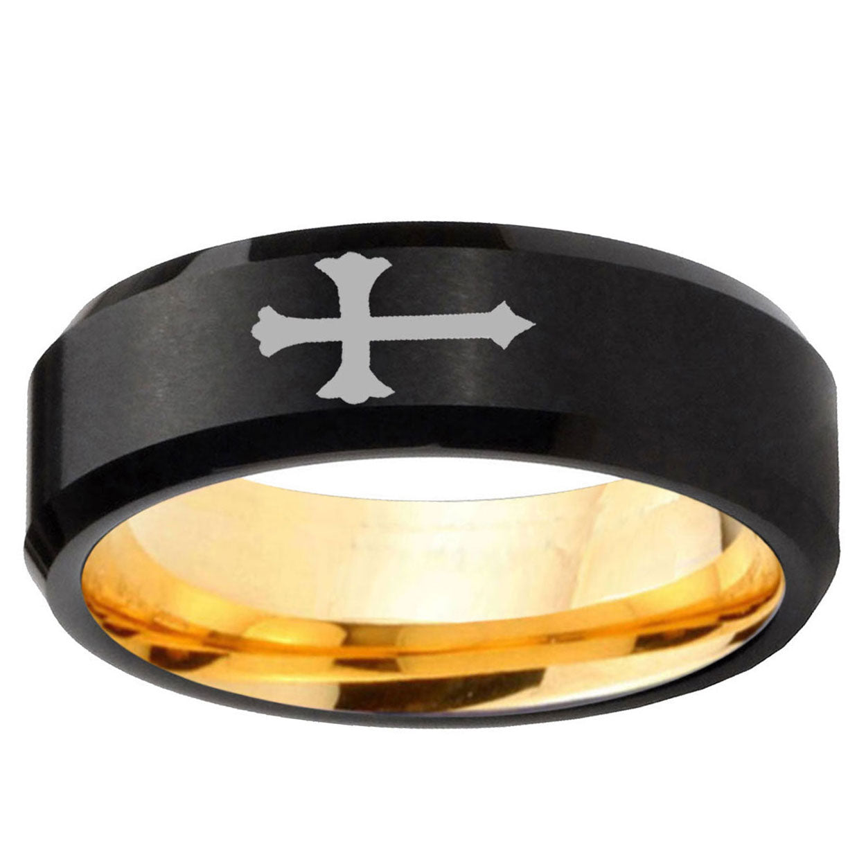 Christian Cross Beveled Edge Black Gold Tungsten Ring