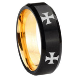 8mm 4 Maltese Cross Beveled Edge Black And Gold Tungsten Carbide Bands Ring