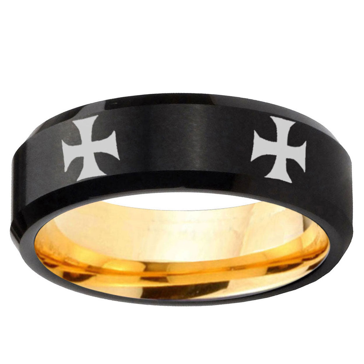 4 Maltese Cross Beveled Edge Black And Gold Tungsten Bands