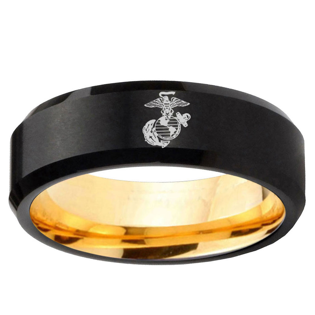 Marine Beveled Edge Black And Gold Tungsten Engagement Ring