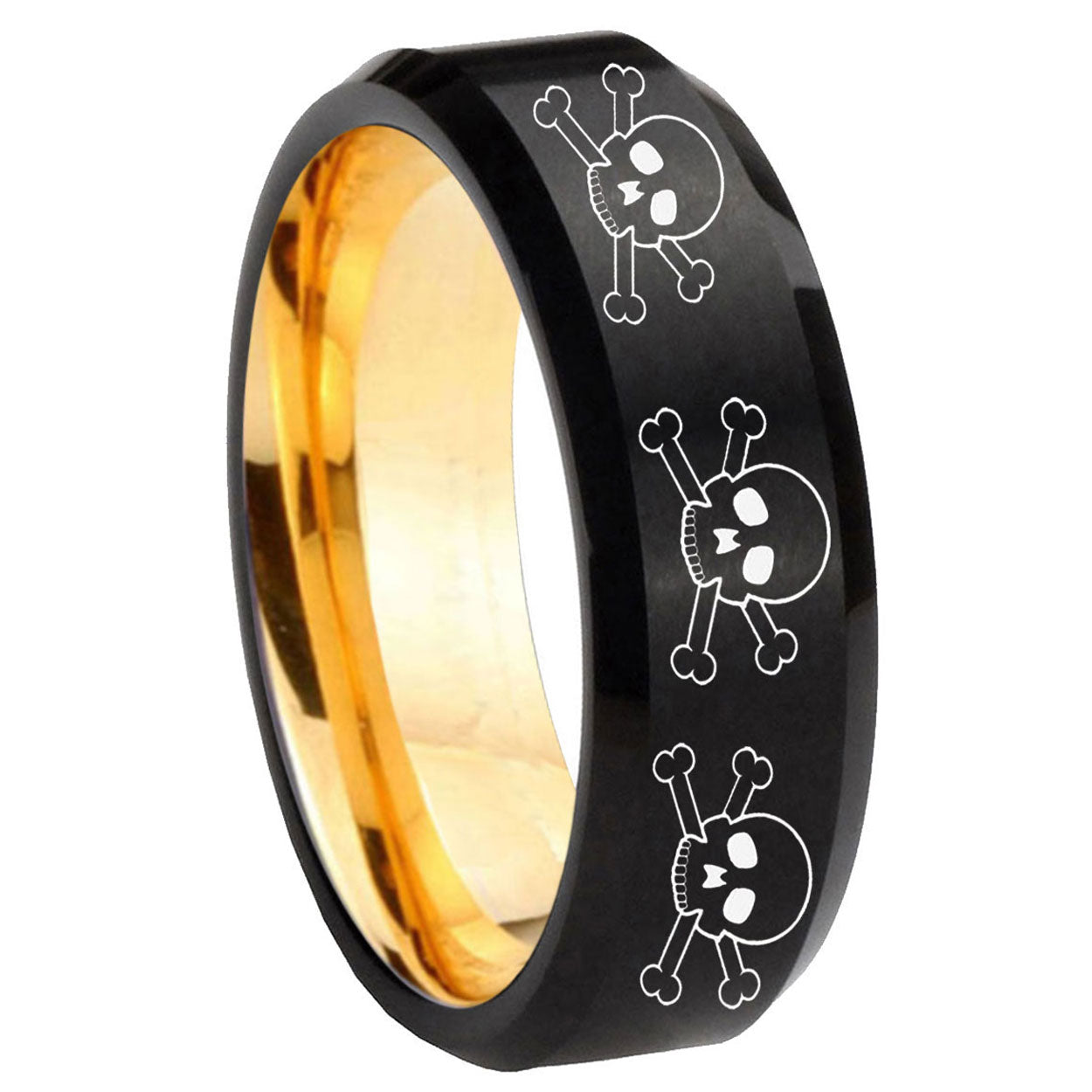 8mm Multiple Skull Beveled Edge Black And Gold Tungsten Ring