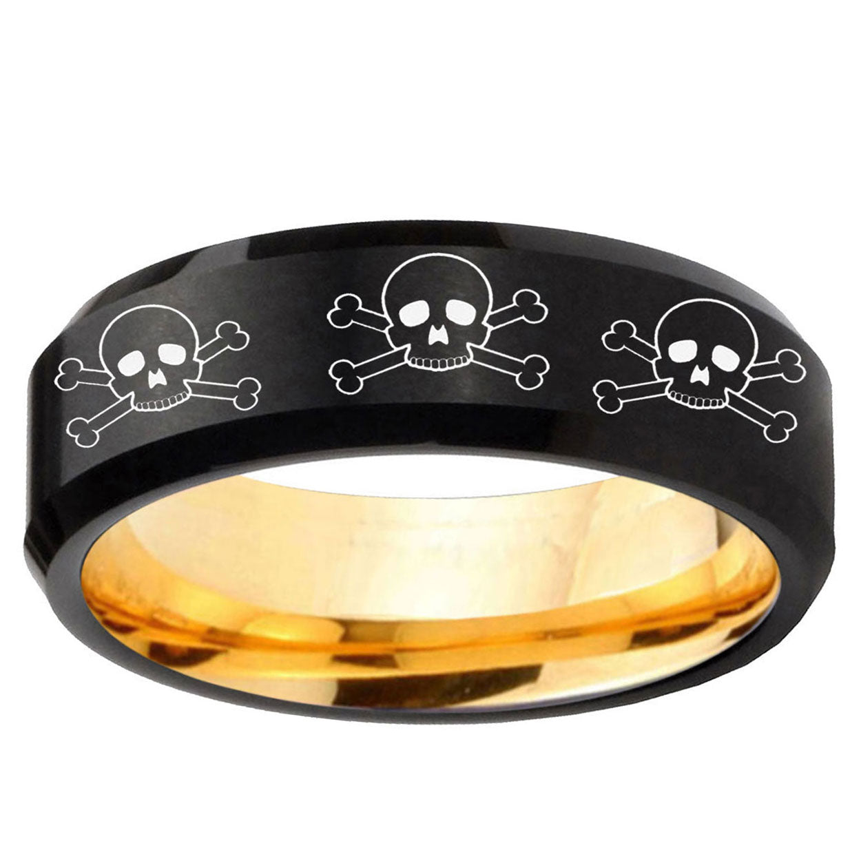 Multiple Skull Beveled Edge Black And Gold Tungsten Ring